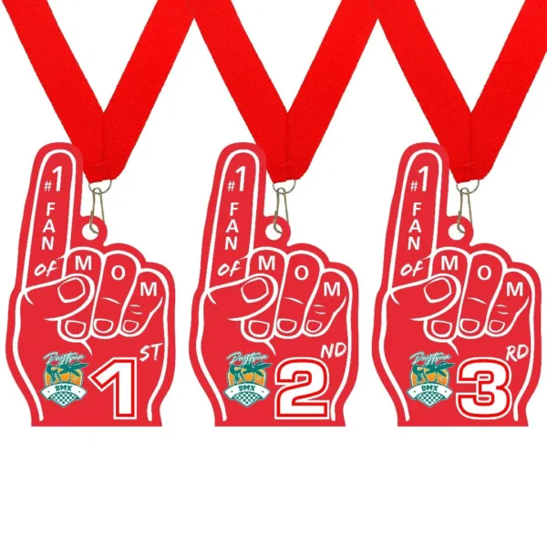 Red finger BMX medals reading ‘#1 Fan of Mom’ with 1st, 2nd, and 3rd place rankings and red ribbons.