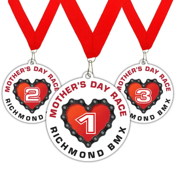 Mother’s Day BMX race medals featuring heart designs made from bike chains with 1st, 2nd, and 3rd place numbers.