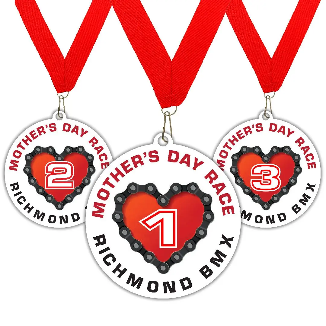 mother's day medallions 3 Mother’s Day BMX race medals featuring heart designs made from bike chains with 1st, 2nd, and 3rd place numbers.