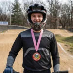 BMX rider wearing a helmet and racing gear while holding a bike on a BMX track, displaying a Valentine’s Day race first place medal with a pink ribbon and Oak Creek BMX design.