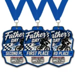 Custom holiday-themed BMX race awards for Father’s Day. This premium medallion set features first through third-place rankings with a dynamic rider graphic and custom track logo placement.